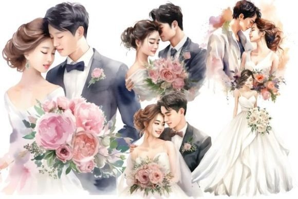 Elegant Asian Wedding Clipart for Bride & Groom Designs