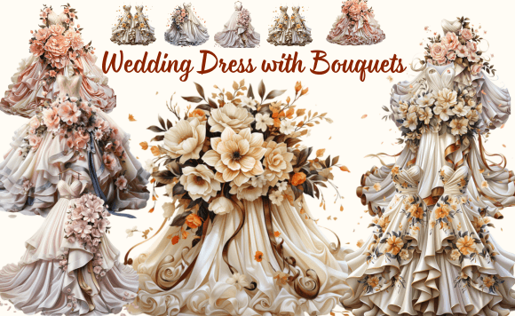 Wedding Dress with Bouquets: Elegant Floral Graphics for Your Projects